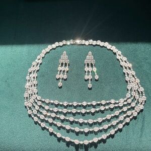 Elegant Crystal Multi-Strand Necklace with Chandelier Earrings - Silver